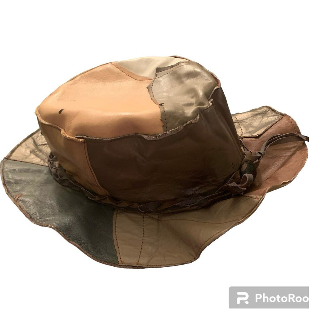 Vintage Genuine Leather Embellished Studded Patchwork Hat Brown Tan Green Cream